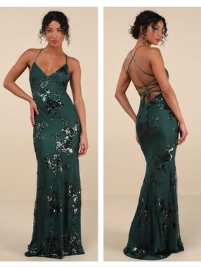 Lulus Valhalla Forest Green Sequin Lace-Up Maxi Dress Medium